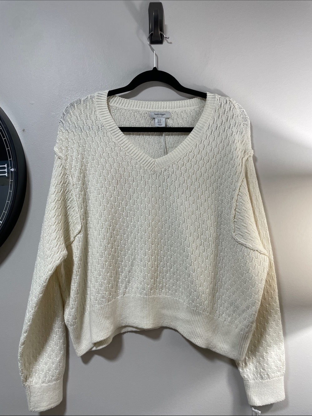 Revolve x Haute Hippie Oversized Cream V-Neck Textured Knit Sweater